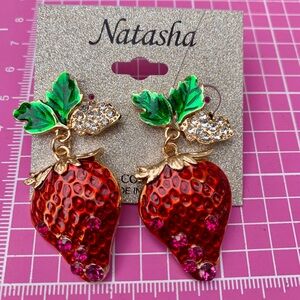 Natasha red Strawberry 🍓 pink accents Earrings drops with Green Leaves gold tone
